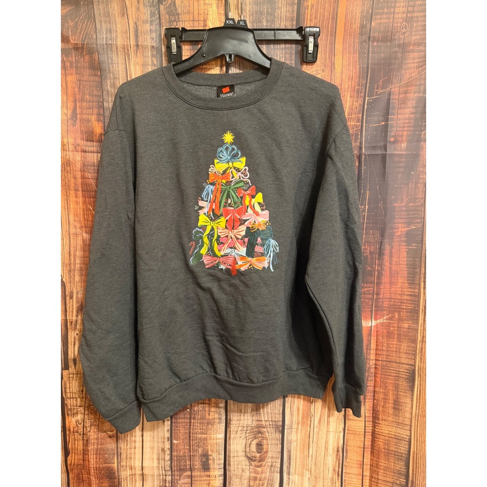 Hanes Christmas Tree Bows Sweatshirt‎ Charcoal Grey Graphic Holiday Pullover L